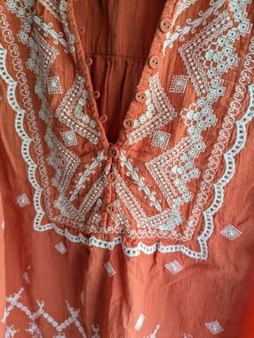 Excellent Sundance Sleeveless 100% Cotton Emb Orange Ruffled Neckline Sz PL